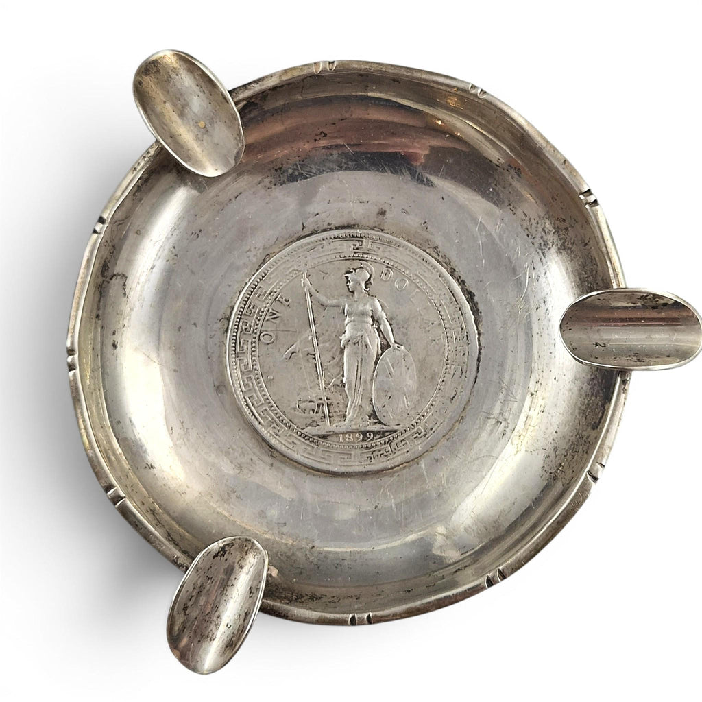 Lee Yee Hing sterling silver coin-inset ashtray with 1899 Trade Dollar, Hong Kong c.1920