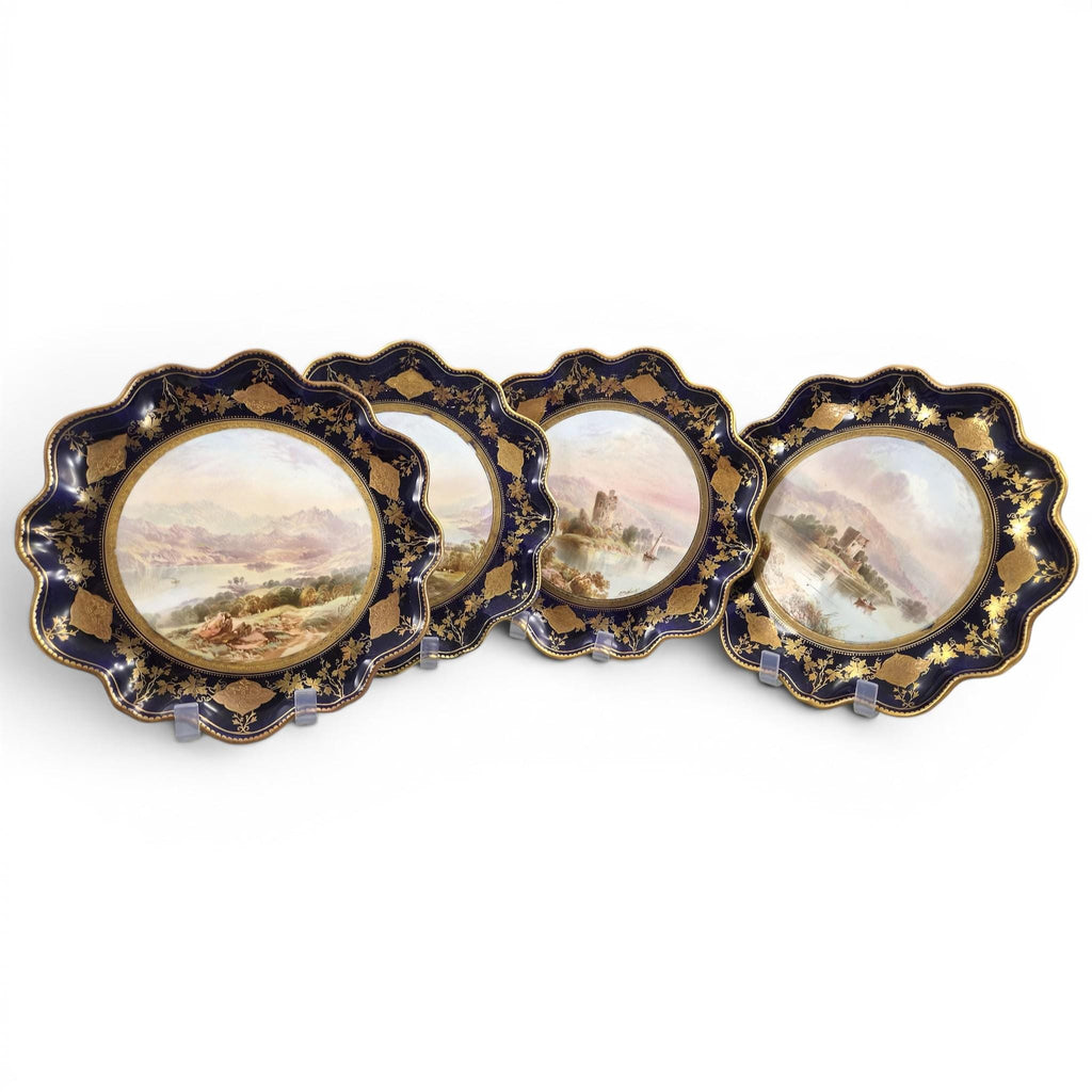 Rare Aynsley named view cabinet plates by J J Birbeck, set of four Victorian cobalt and gilt landscape plates c.1888