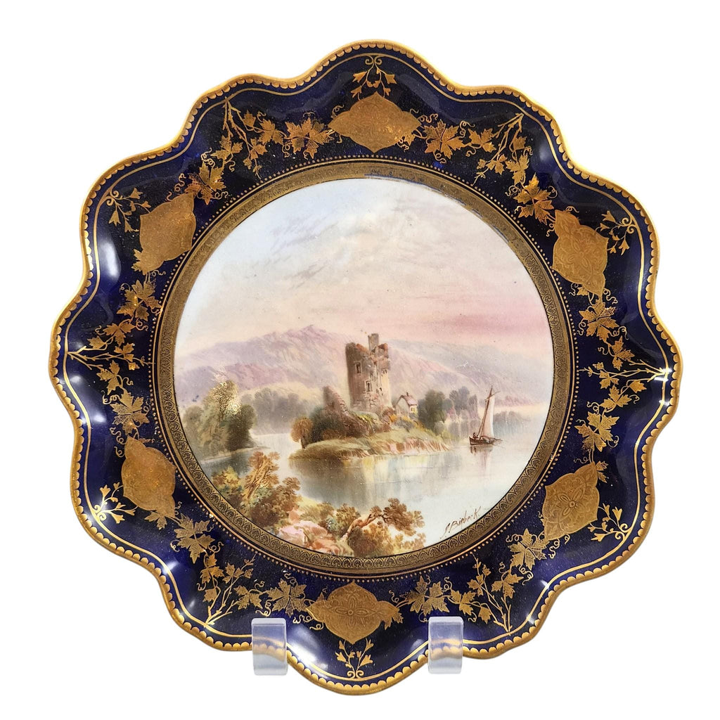Rare Aynsley named view cabinet plates by J J Birbeck, set of four Victorian cobalt and gilt landscape plates c.1888