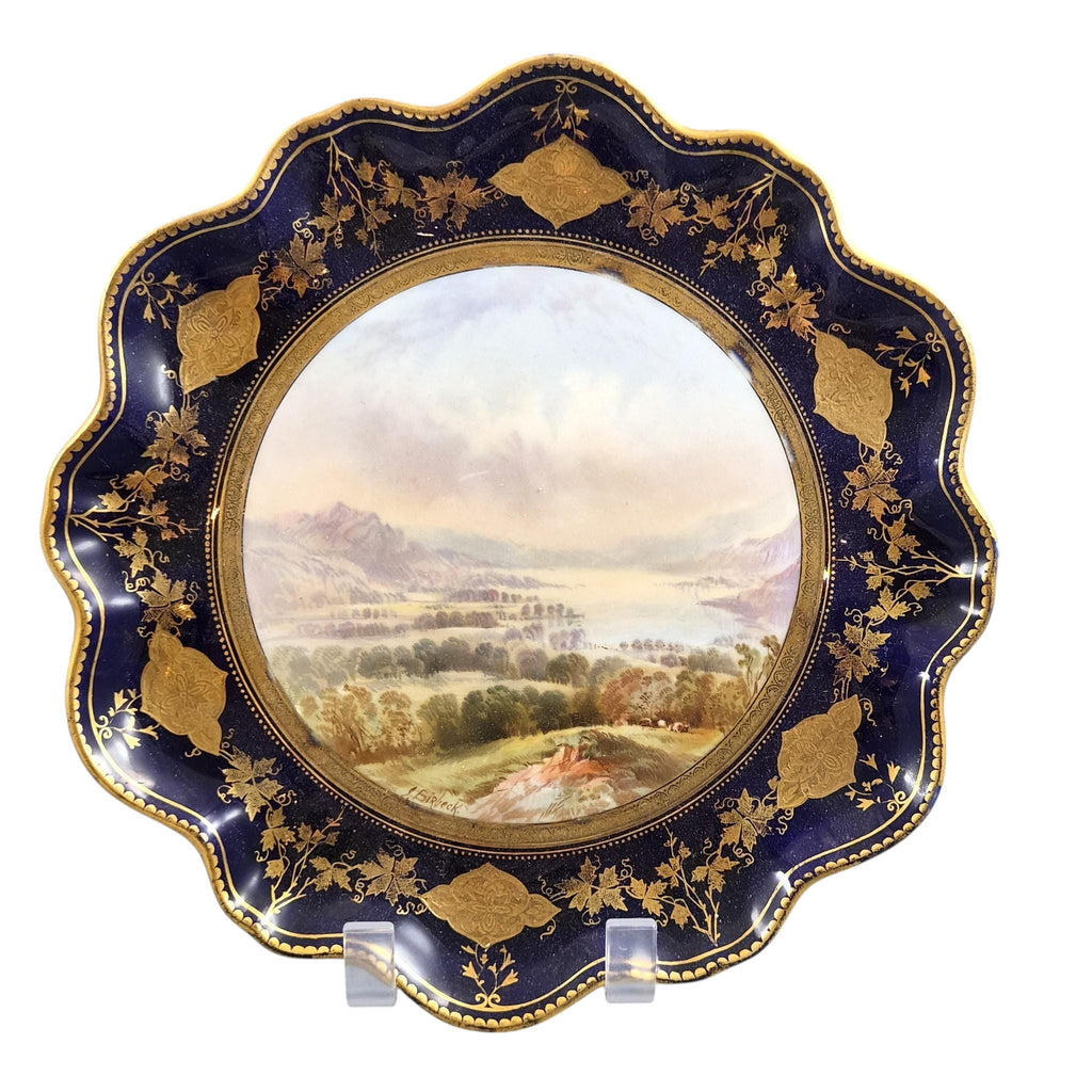 Rare Aynsley named view cabinet plates by J J Birbeck, set of four Victorian cobalt and gilt landscape plates c.1888