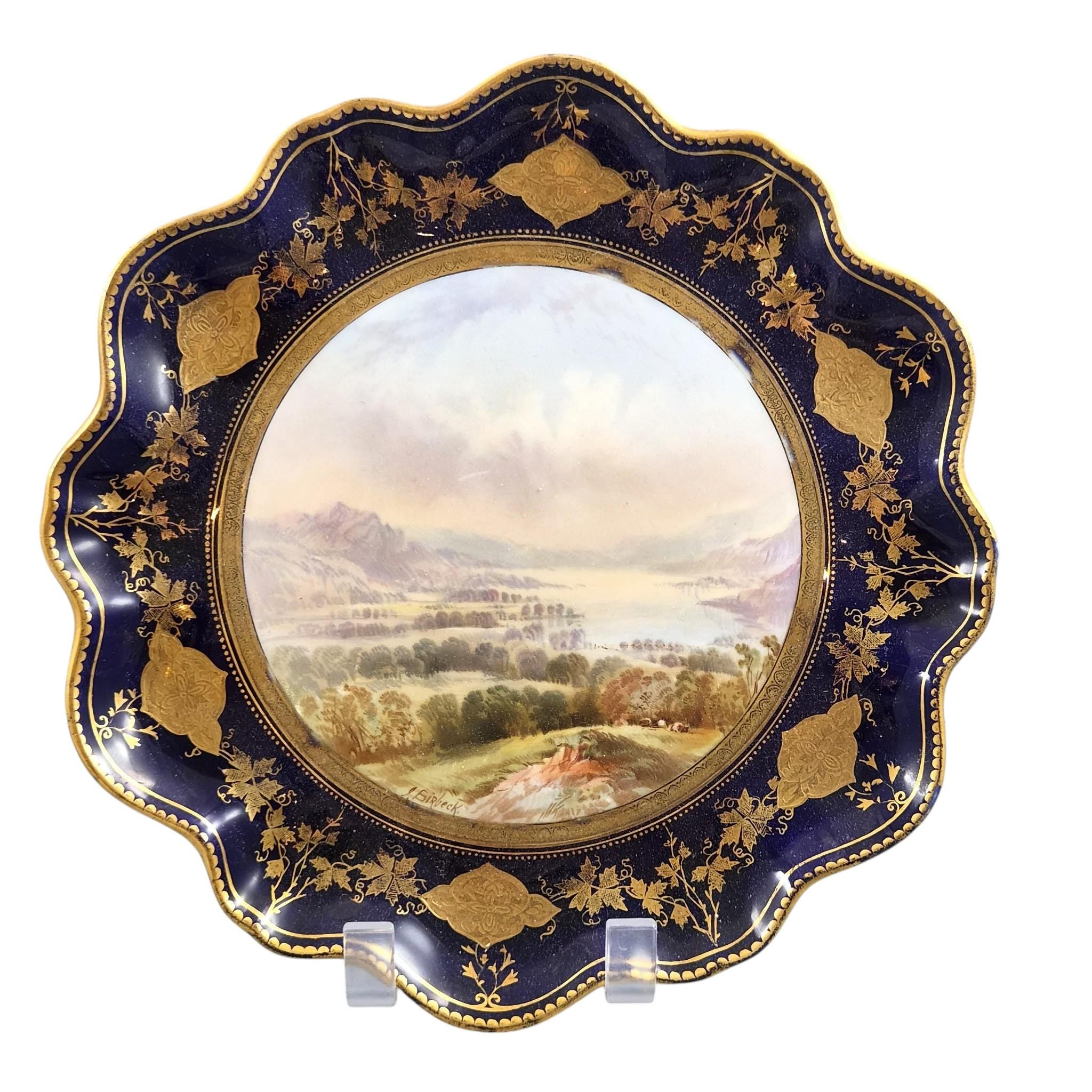 Rare Aynsley named view cabinet plates by J J Birbeck, set of four Victorian cobalt and gilt landscape plates c.1888