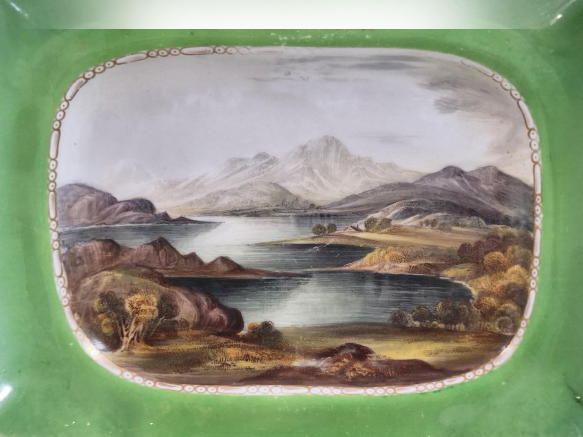Antique Copeland & Garrett Scottish views porcelain dishes, apple green Rococo Revival pair, pattern 5750 c.1833–1847