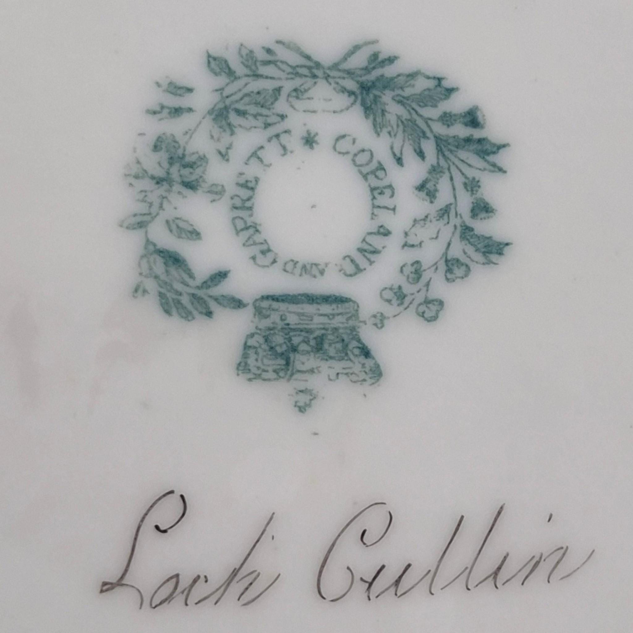 Antique Copeland & Garrett Scottish views porcelain dishes, apple green Rococo Revival pair, pattern 5750 c.1833–1847