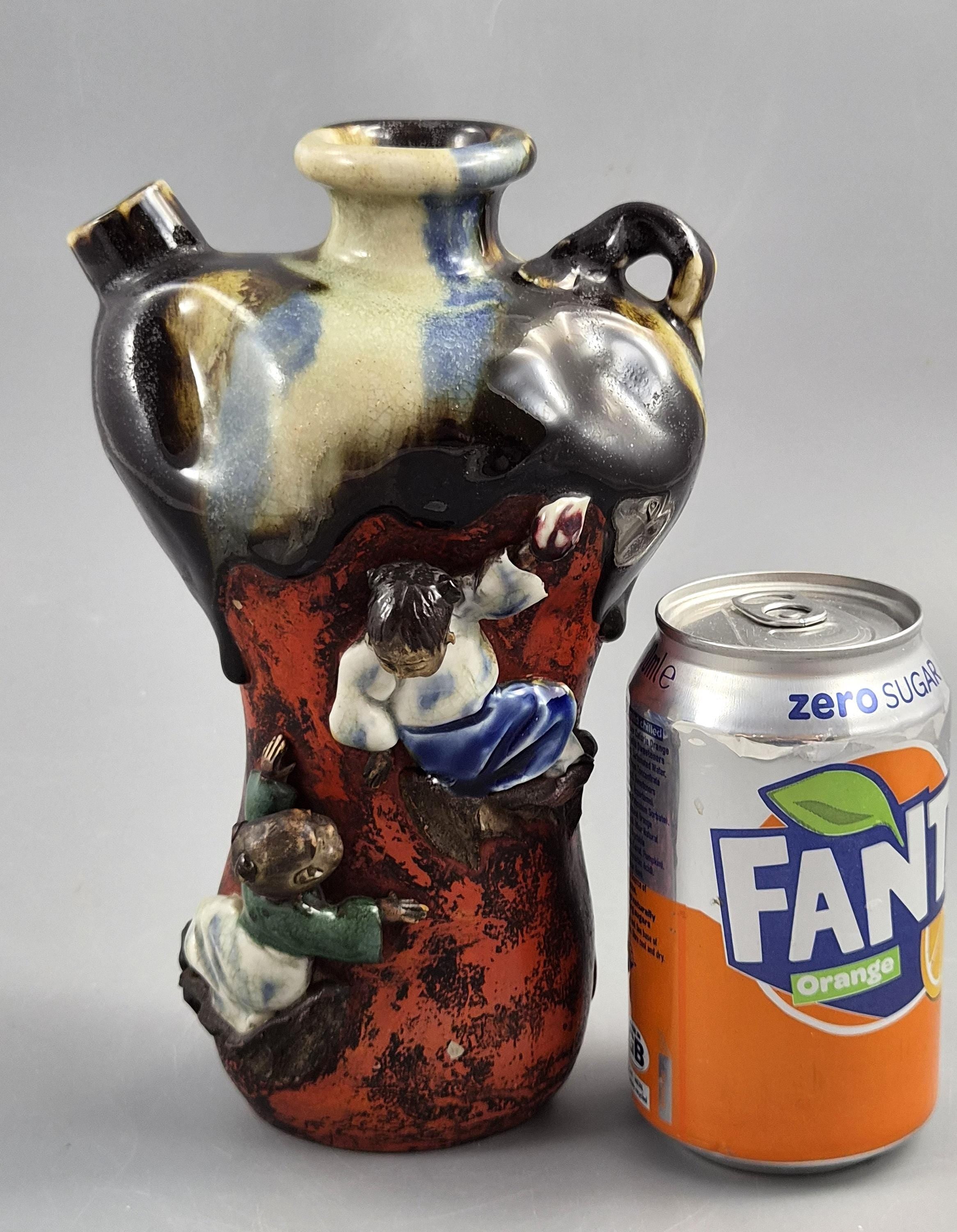 Japanese Sumida Gawa Vase by Inoue Ryosai, Figures on a Cliff, Meiji–Taishō c.1900–1920
