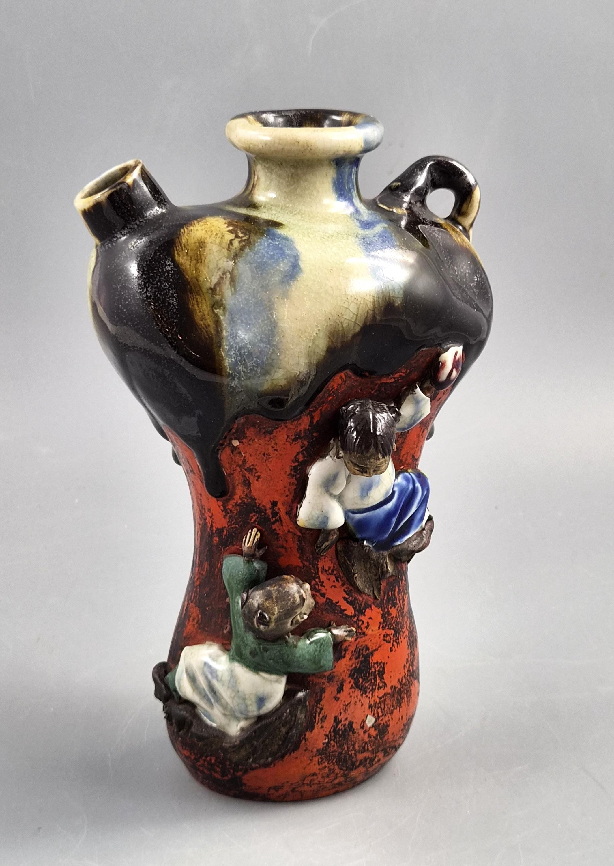 Japanese Sumida Gawa Vase by Inoue Ryosai, Figures on a Cliff, Meiji–Taishō c.1900–1920