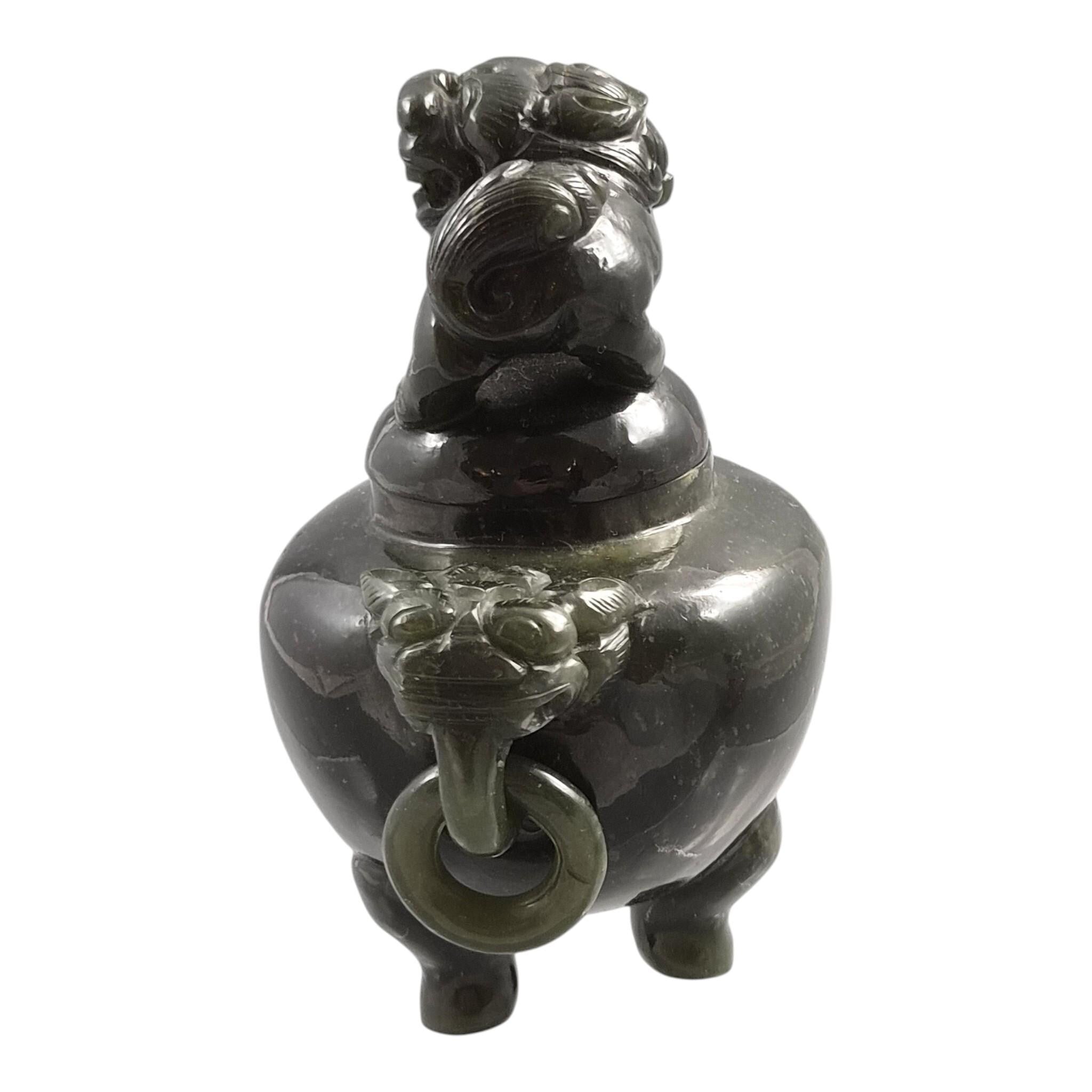 Antique Chinese Jade Tripod Incense Burner with Foo Dog Cover, c. 1900–1920