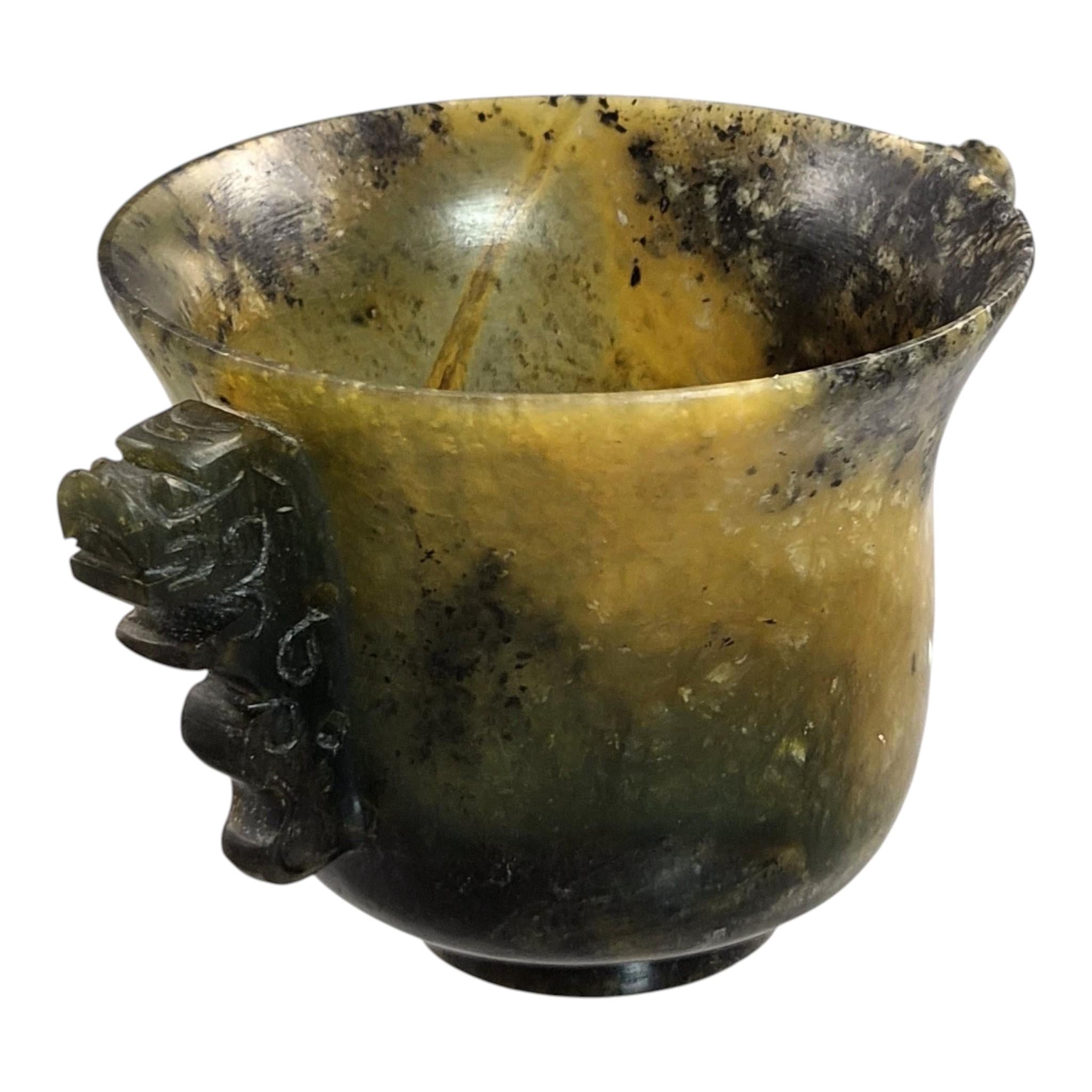 Antique Chinese Nephrite Archaistic Cup with Taotie Handles c. 1900–1910