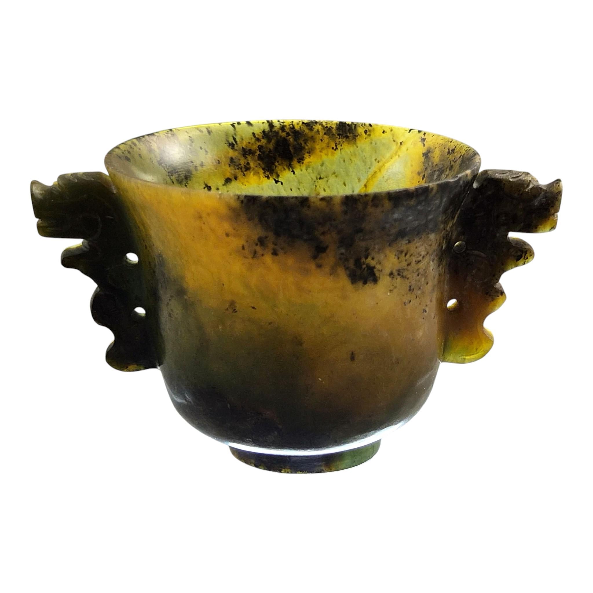 Antique Chinese Nephrite Archaistic Cup with Taotie Handles c. 1900–1910