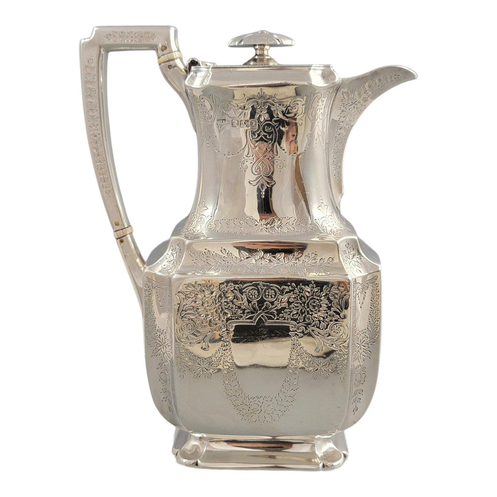 Victorian sterling silver tea service Atkin Brothers Sheffield 1892, four-piece antique silver teapot set with gilt sugar bowl, 1833 g