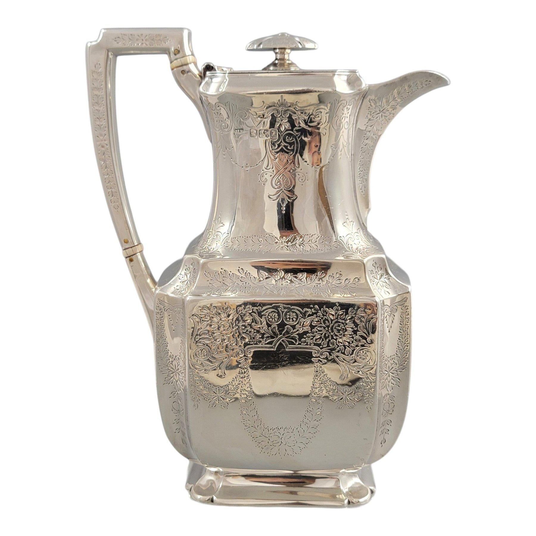 Victorian sterling silver tea service Atkin Brothers Sheffield 1892, four-piece antique silver teapot set with gilt sugar bowl, 1833 g