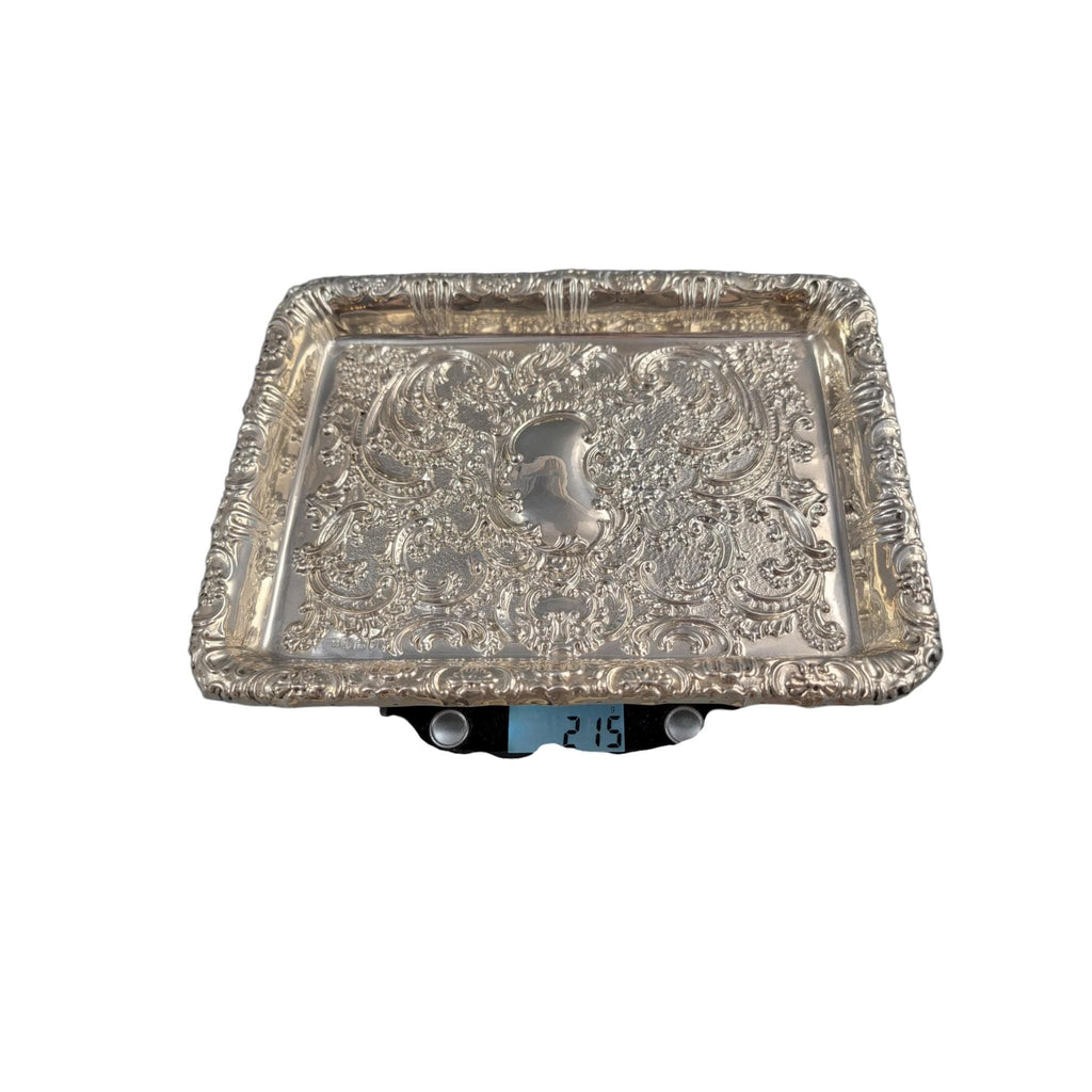 Antique Edwardian sterling silver card tray, Robert Pringle & Sons London 1904, Rococo Revival serving tray
