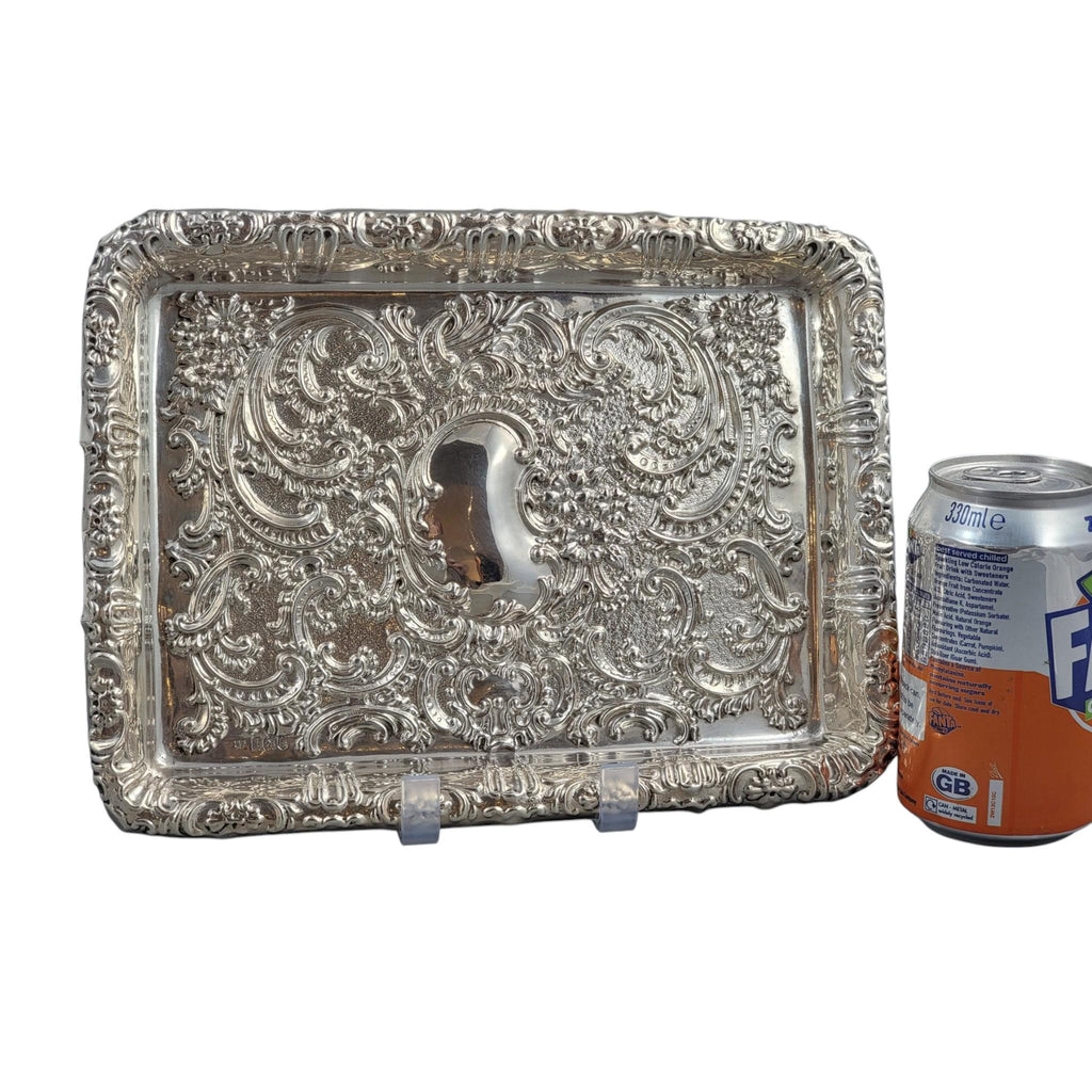 Antique Edwardian sterling silver card tray, Robert Pringle & Sons London 1904, Rococo Revival serving tray