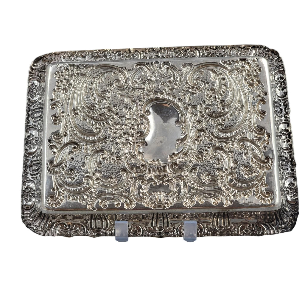 Antique Edwardian sterling silver card tray, Robert Pringle & Sons London 1904, Rococo Revival serving tray