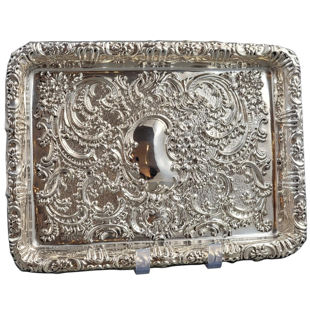Antique Edwardian sterling silver card tray, Robert Pringle & Sons London 1904, Rococo Revival serving tray
