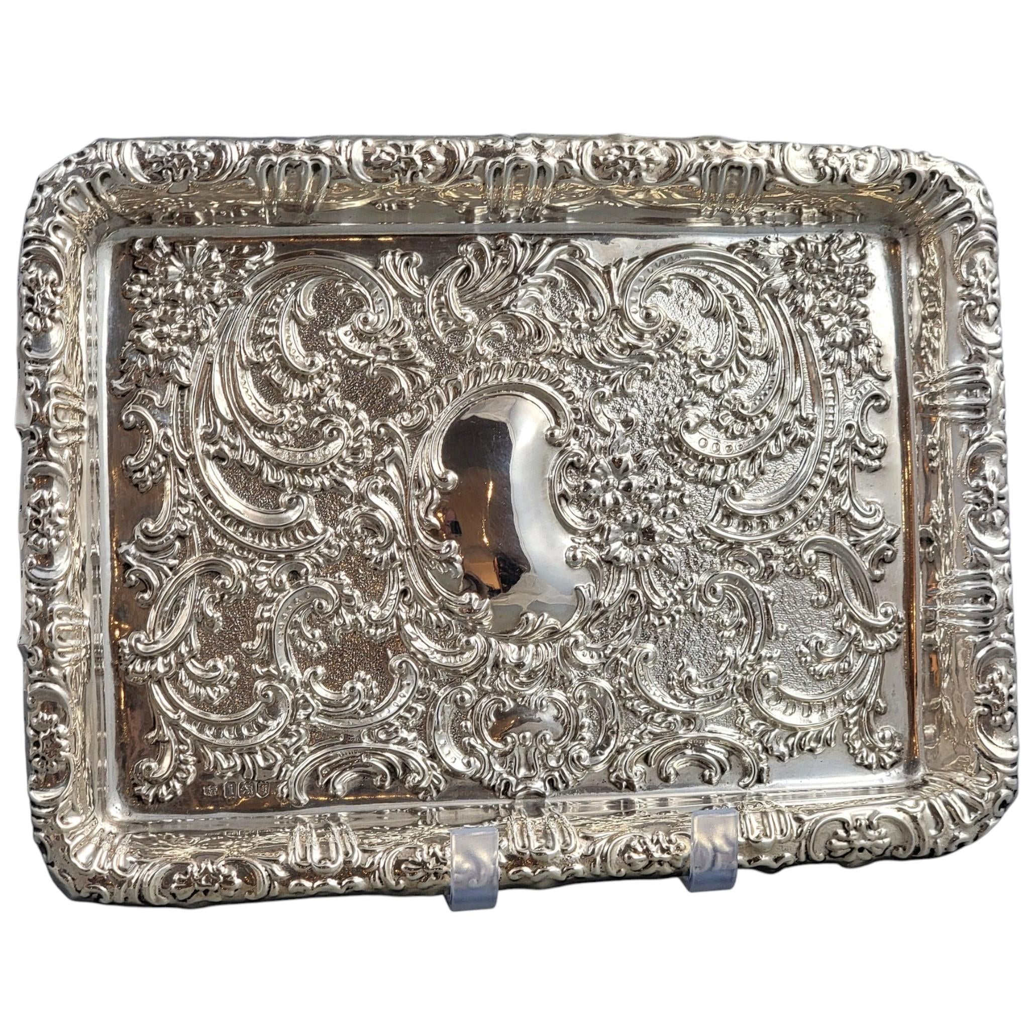 Antique Edwardian sterling silver card tray, Robert Pringle & Sons London 1904, Rococo Revival serving tray