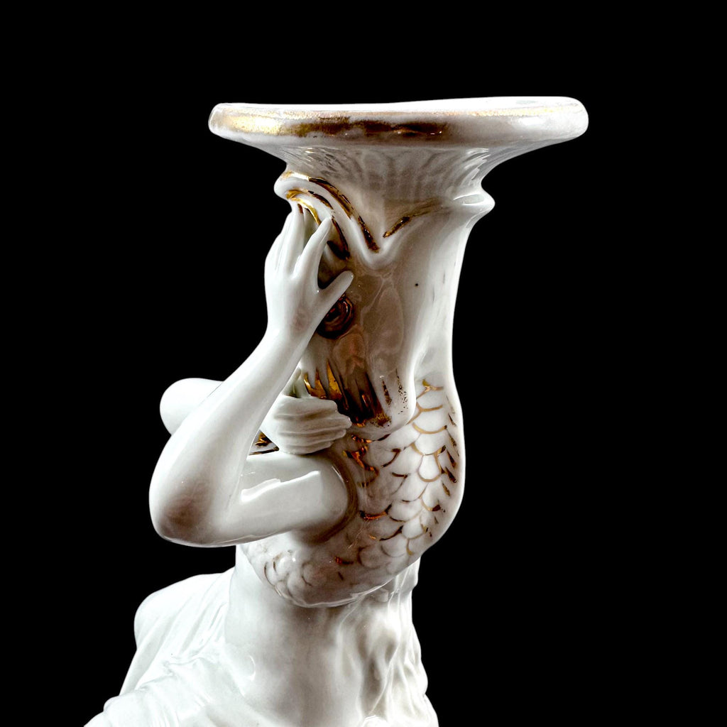 Pair of Victorian English porcelain figural candlesticks, Sutherland & Sons style, Neoclassical ladies with dolphin, antique Staffordshire