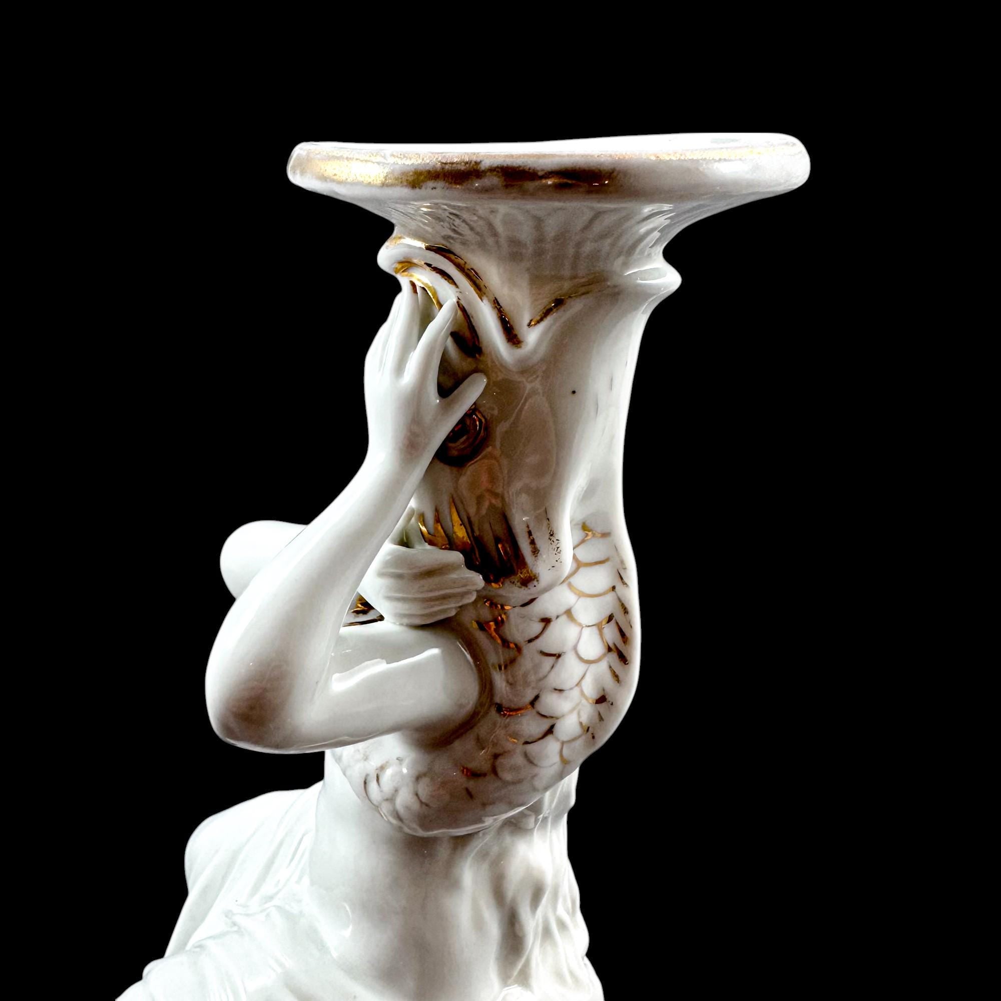 Pair of Victorian English porcelain figural candlesticks, Sutherland & Sons style, Neoclassical ladies with dolphin, antique Staffordshire