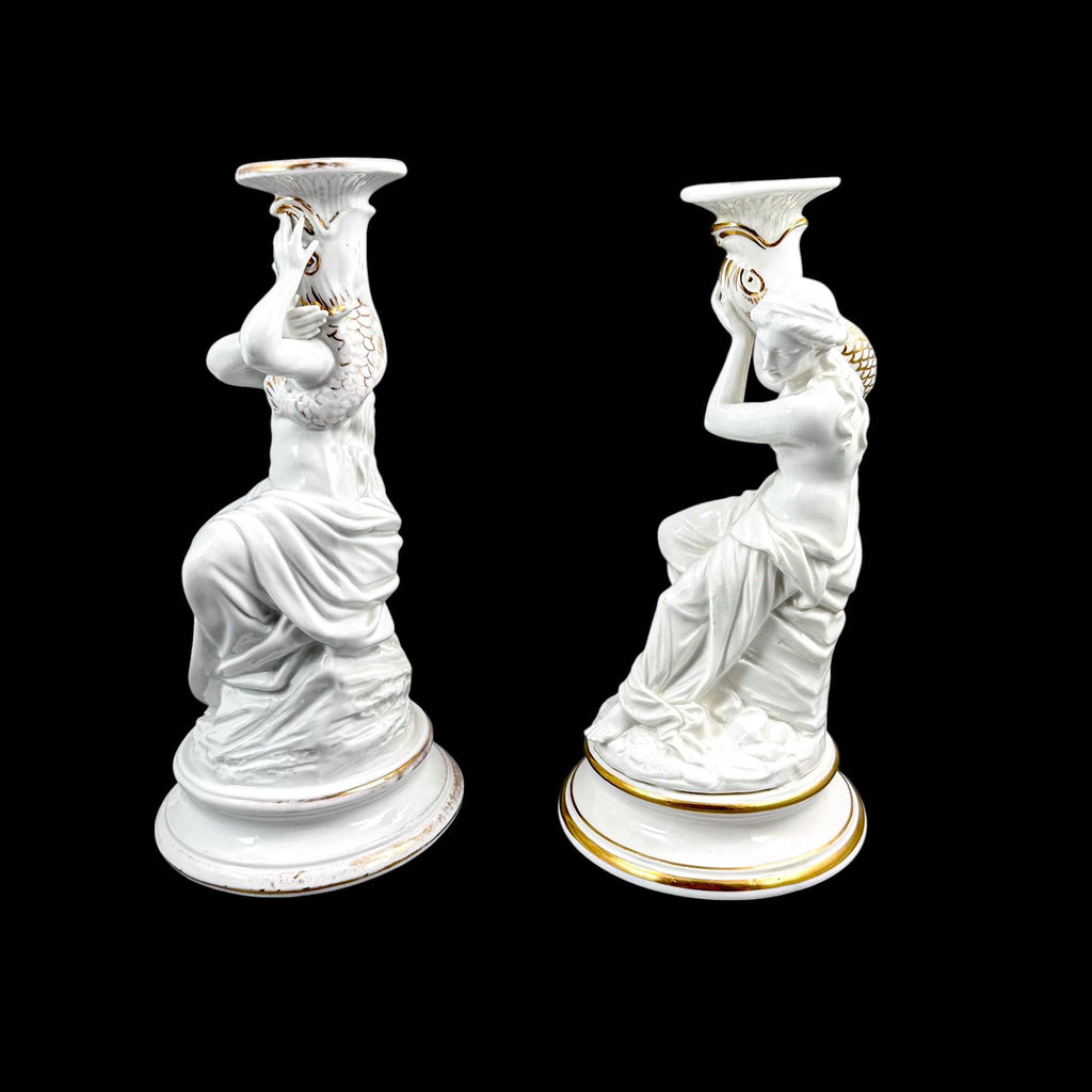 Pair of Victorian English porcelain figural candlesticks, Sutherland & Sons style, Neoclassical ladies with dolphin, antique Staffordshire
