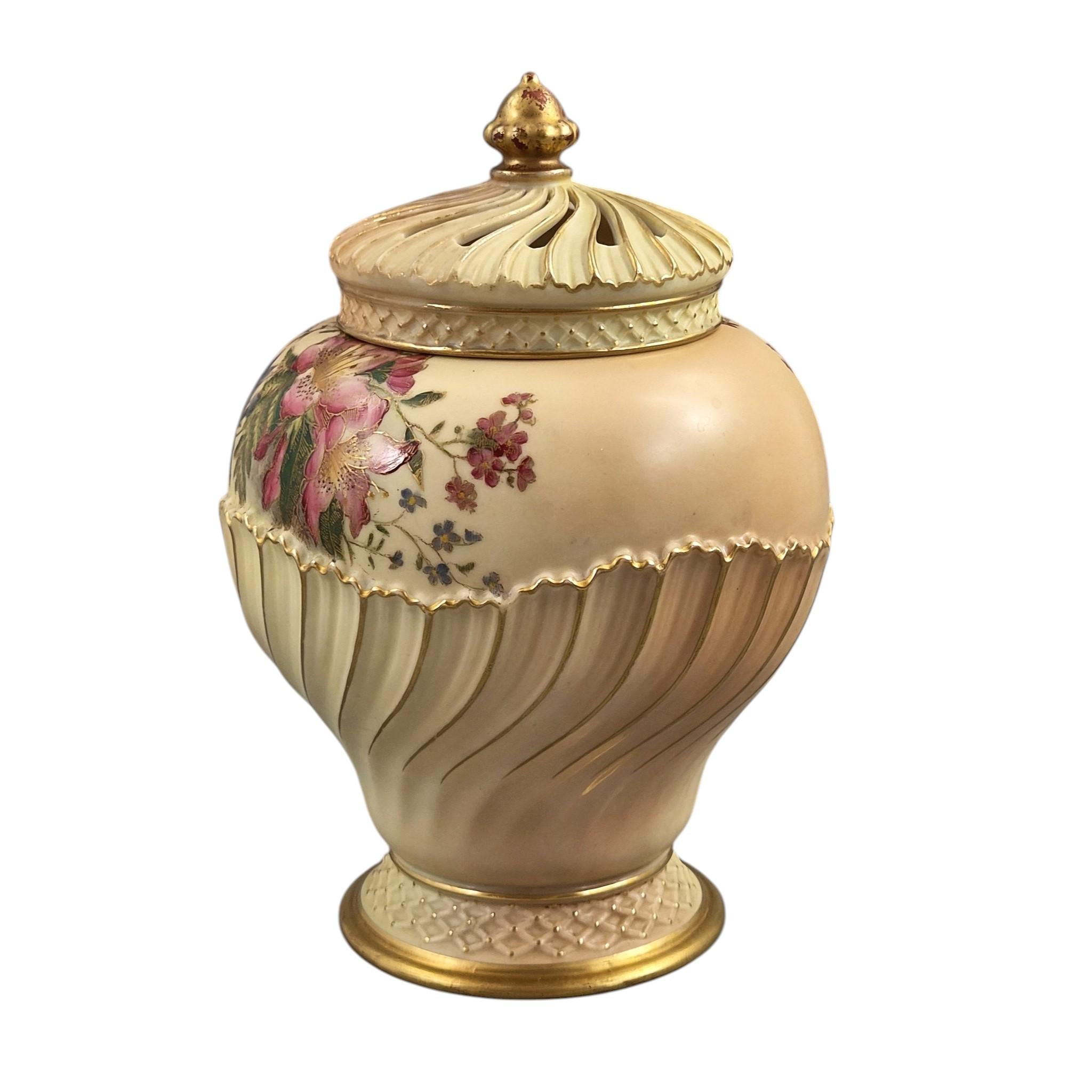 Antique Royal Worcester blush ivory pot-pourri jar and cover floral porcelain vase shape 1720 England 1903