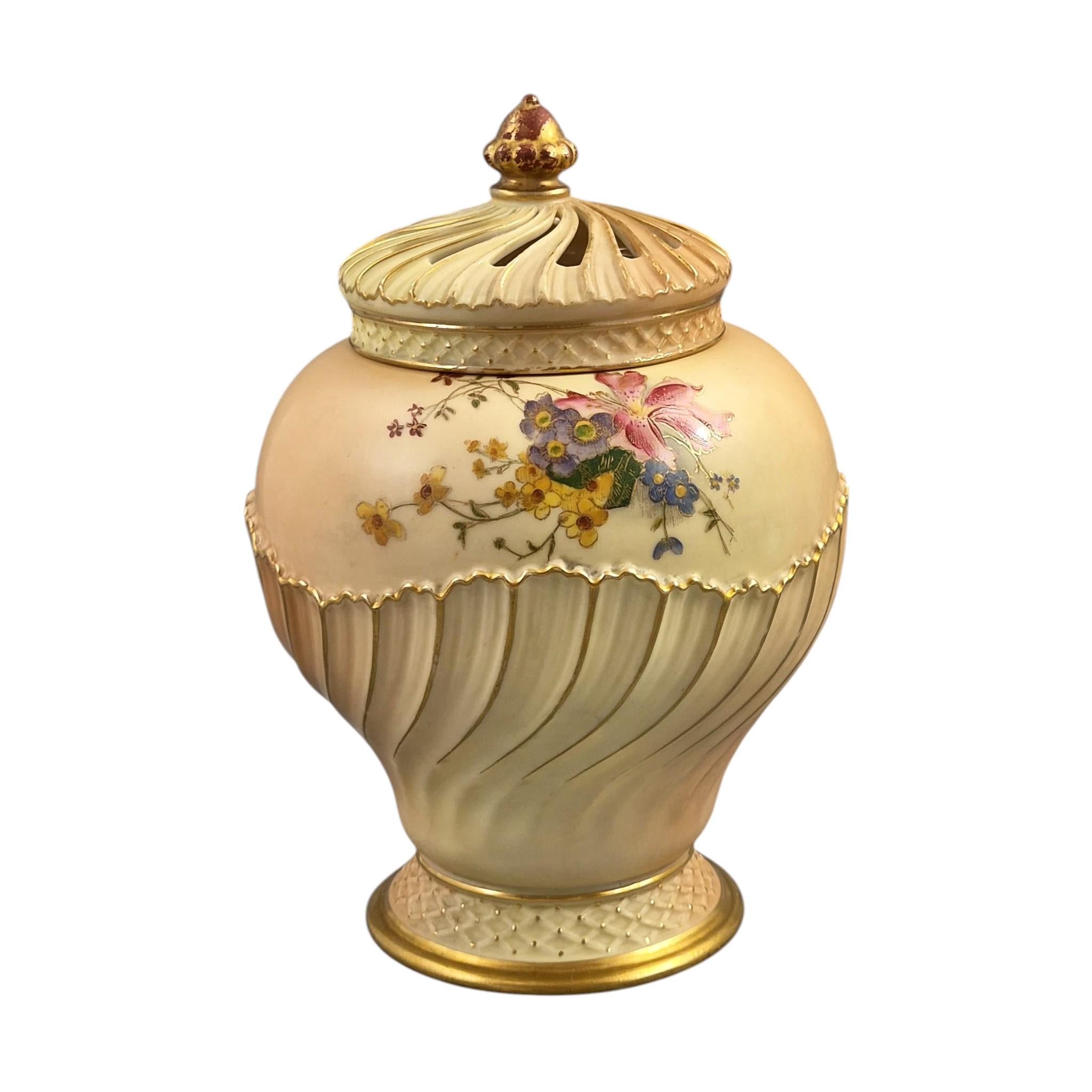 Antique Royal Worcester blush ivory pot-pourri jar and cover floral porcelain vase shape 1720 England 1903