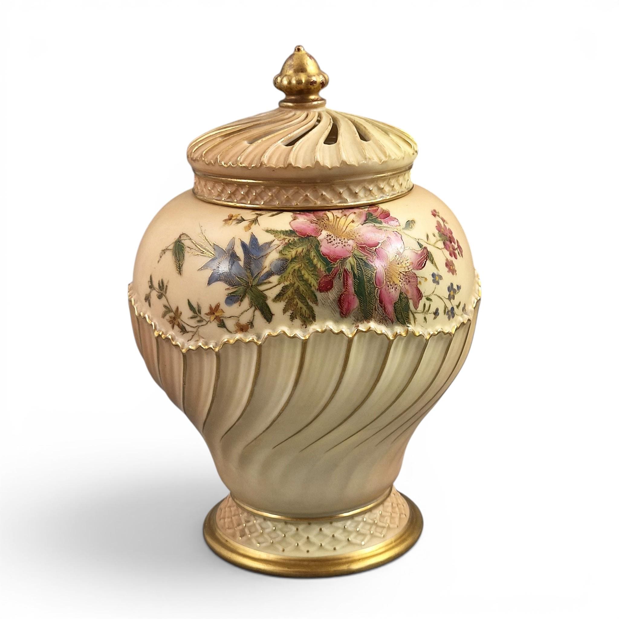 Antique Royal Worcester blush ivory pot-pourri jar and cover floral porcelain vase shape 1720 England 1903