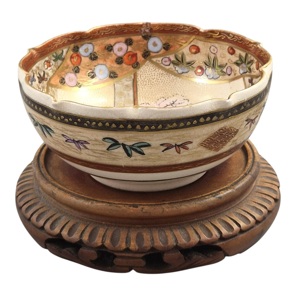 Antique Japanese Satsuma Hanami bowl Kyoto Meiji period c. 1880–1895 Baizan mark gold gilded cabinet ware