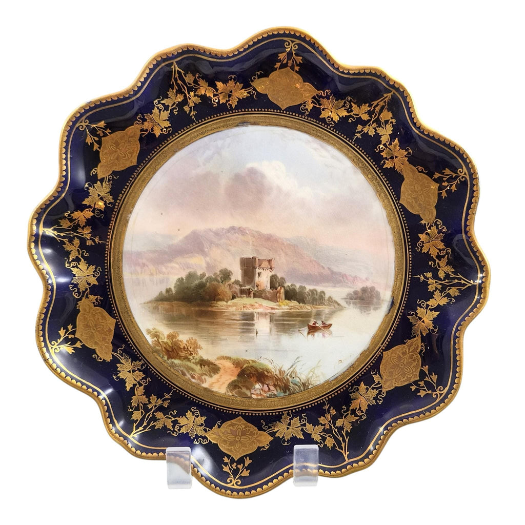Rare Aynsley named view cabinet plates by J J Birbeck, set of four Victorian cobalt and gilt landscape plates c.1888