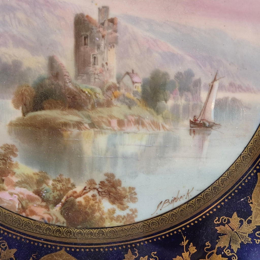 Rare Aynsley named view cabinet plates by J J Birbeck, set of four Victorian cobalt and gilt landscape plates c.1888