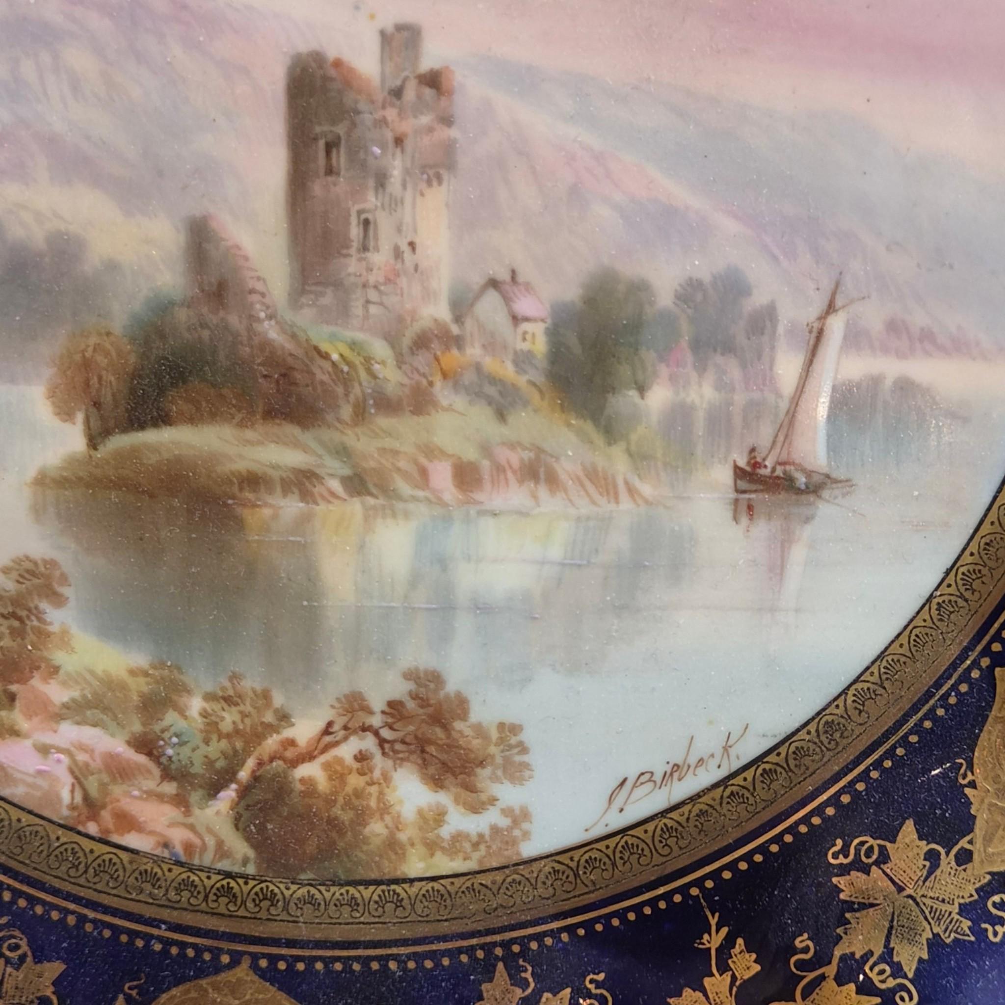 Rare Aynsley named view cabinet plates by J J Birbeck, set of four Victorian cobalt and gilt landscape plates c.1888