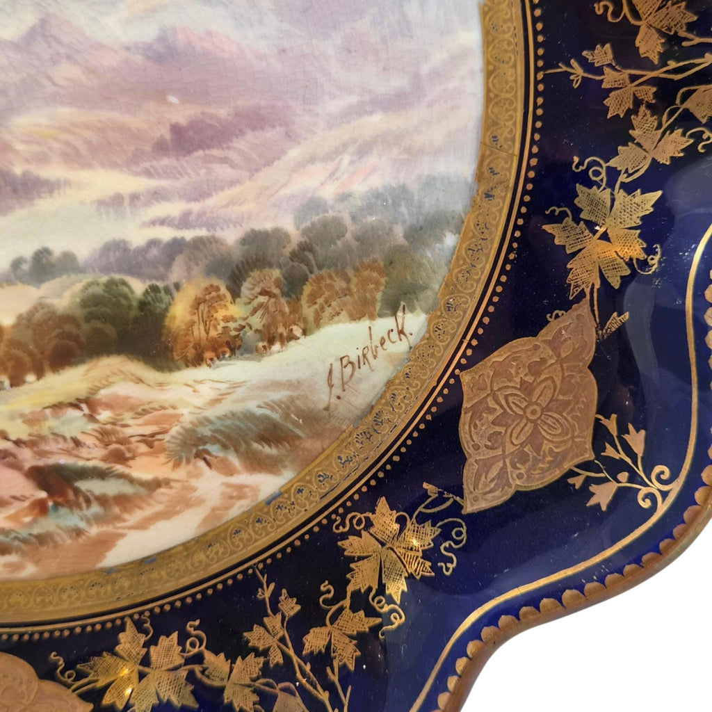 Rare Aynsley named view cabinet plates by J J Birbeck, set of four Victorian cobalt and gilt landscape plates c.1888