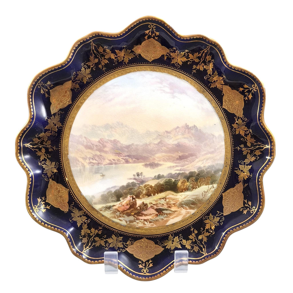 Rare Aynsley named view cabinet plates by J J Birbeck, set of four Victorian cobalt and gilt landscape plates c.1888