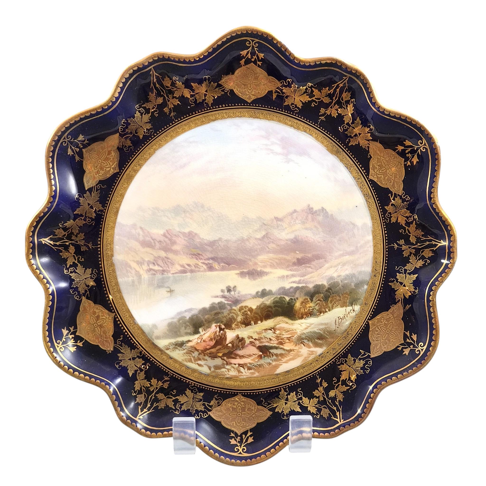 Rare Aynsley named view cabinet plates by J J Birbeck, set of four Victorian cobalt and gilt landscape plates c.1888