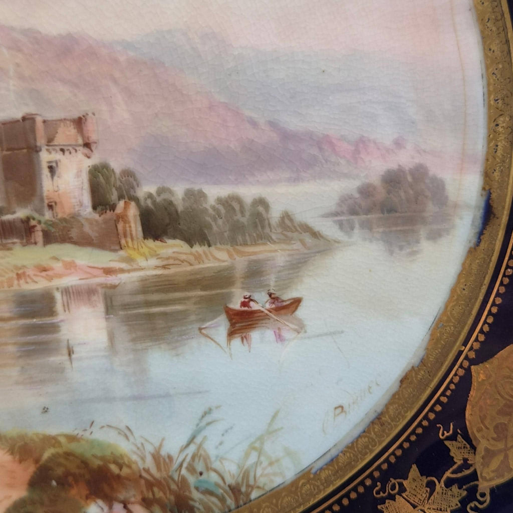 Rare Aynsley named view cabinet plates by J J Birbeck, set of four Victorian cobalt and gilt landscape plates c.1888