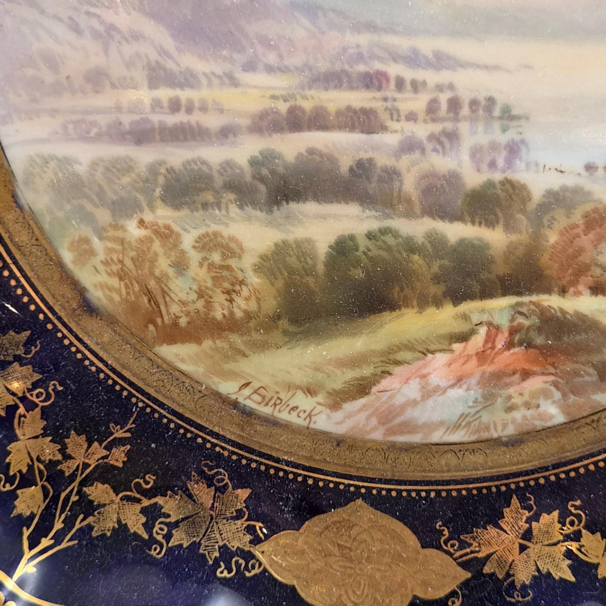 Rare Aynsley named view cabinet plates by J J Birbeck, set of four Victorian cobalt and gilt landscape plates c.1888