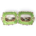 Antique Copeland & Garrett Scottish views porcelain dishes, apple green Rococo Revival pair, pattern 5750 c.1833–1847