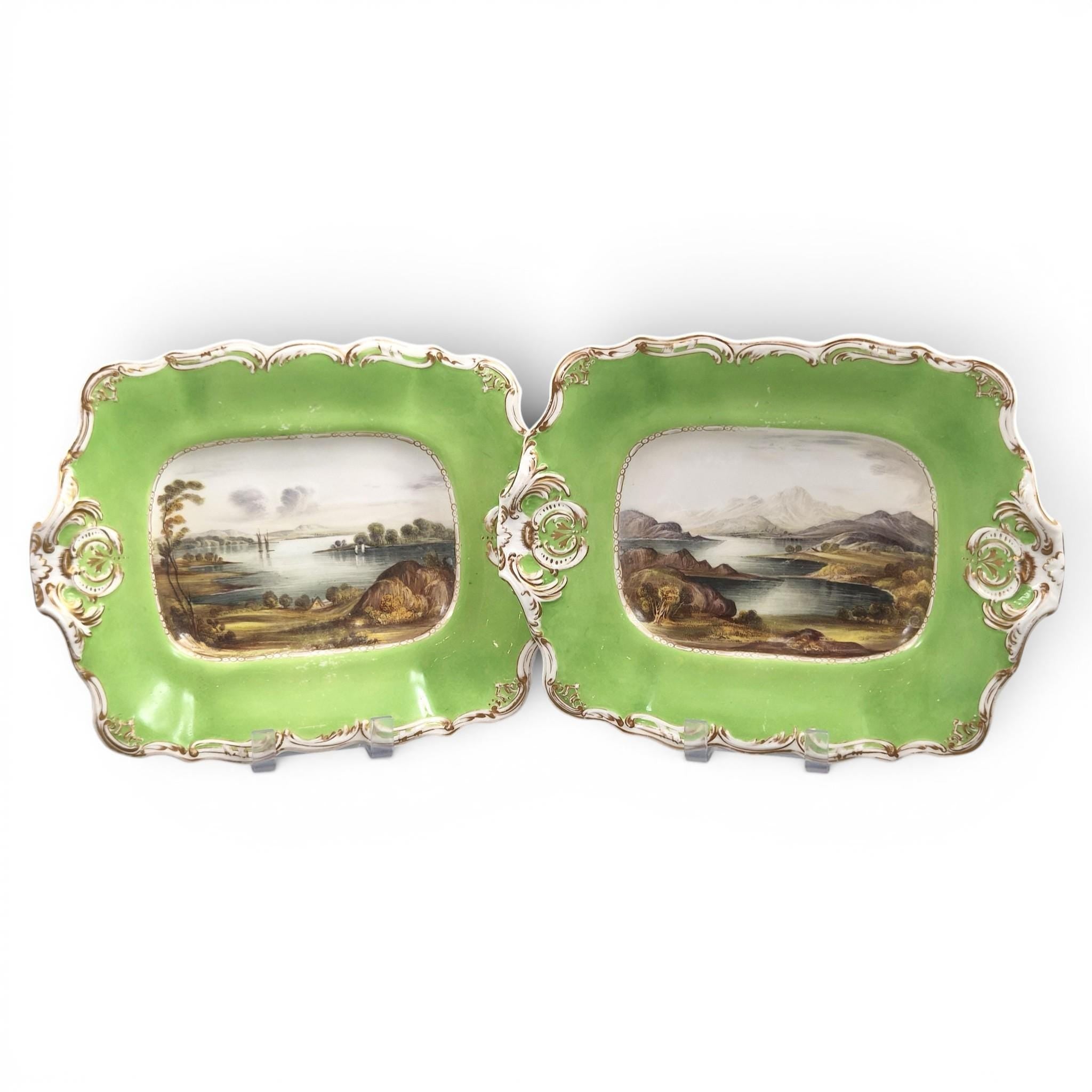 Antique Copeland & Garrett Scottish views porcelain dishes, apple green Rococo Revival pair, pattern 5750 c.1833–1847