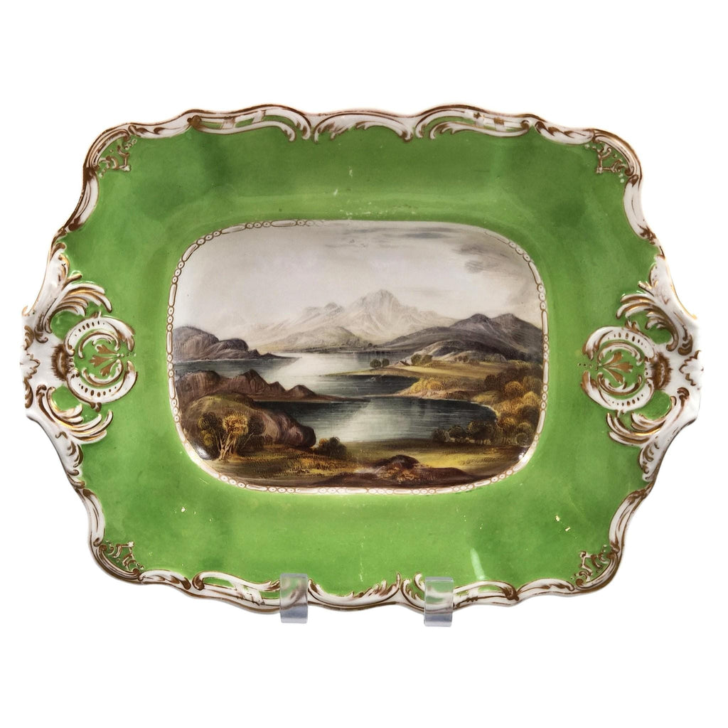 Antique Copeland & Garrett Scottish views porcelain dishes, apple green Rococo Revival pair, pattern 5750 c.1833–1847