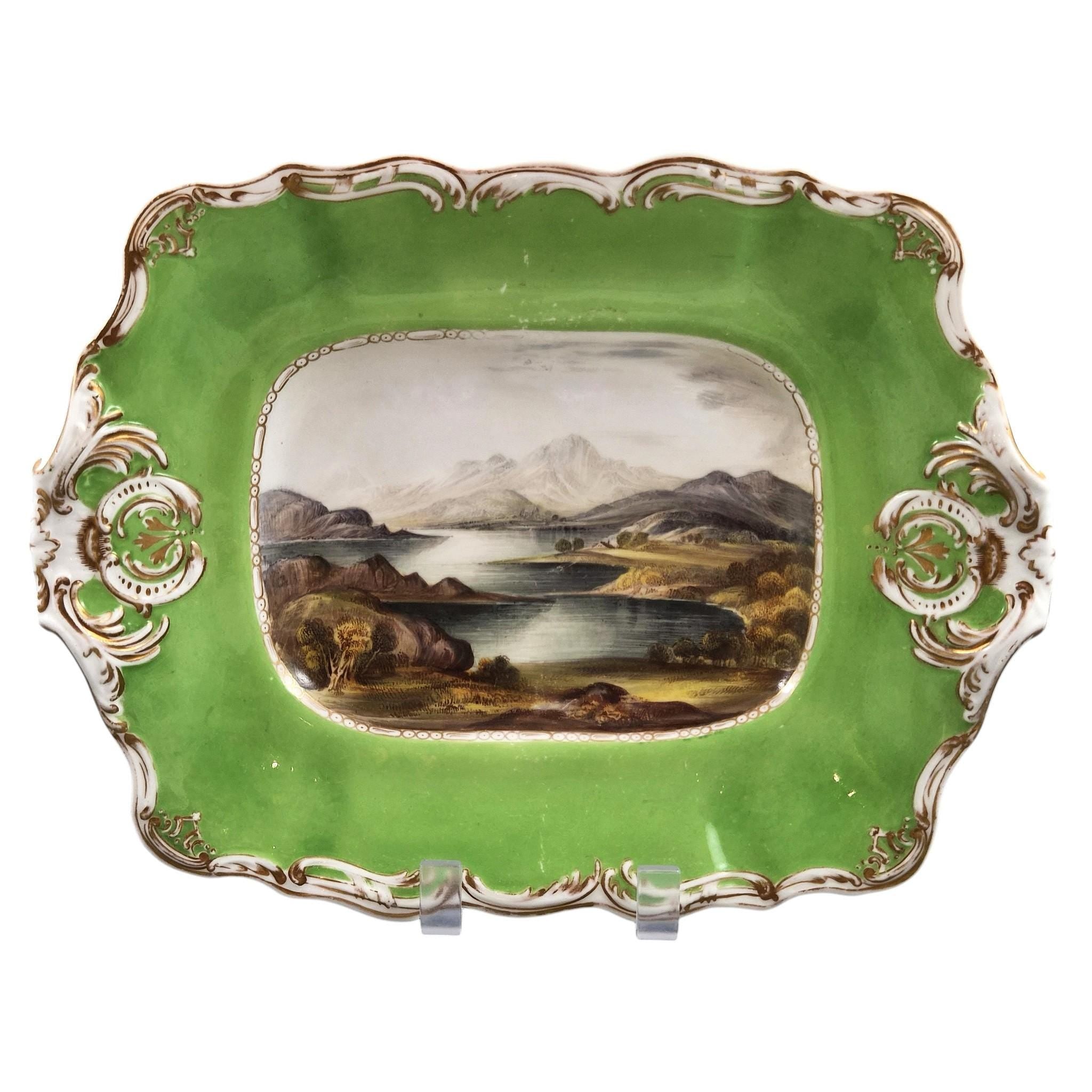 Antique Copeland & Garrett Scottish views porcelain dishes, apple green Rococo Revival pair, pattern 5750 c.1833–1847