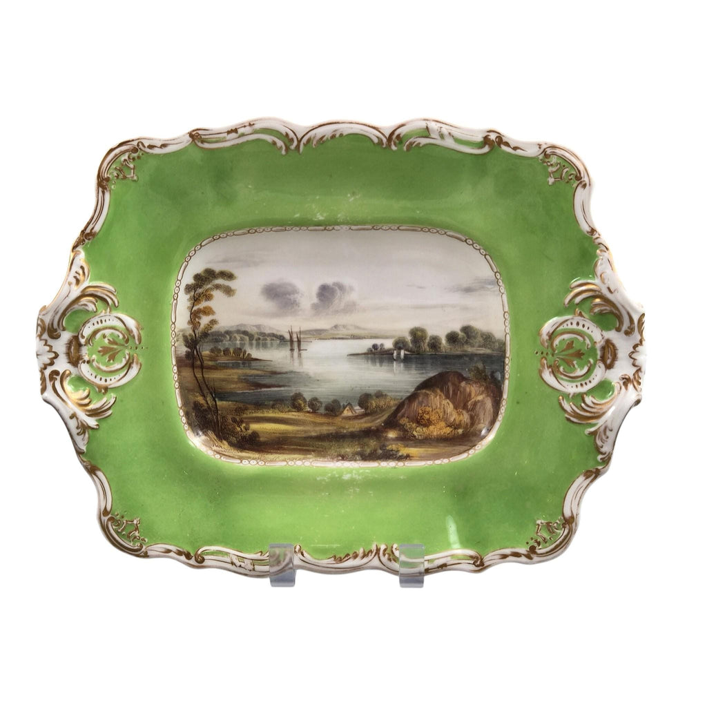 Antique Copeland & Garrett Scottish views porcelain dishes, apple green Rococo Revival pair, pattern 5750 c.1833–1847