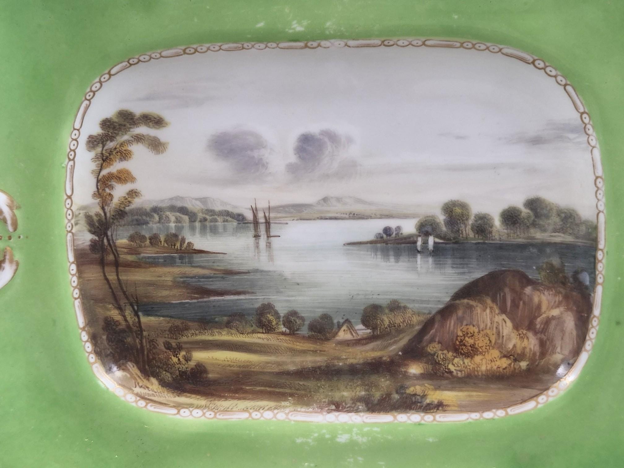 Antique Copeland & Garrett Scottish views porcelain dishes, apple green Rococo Revival pair, pattern 5750 c.1833–1847