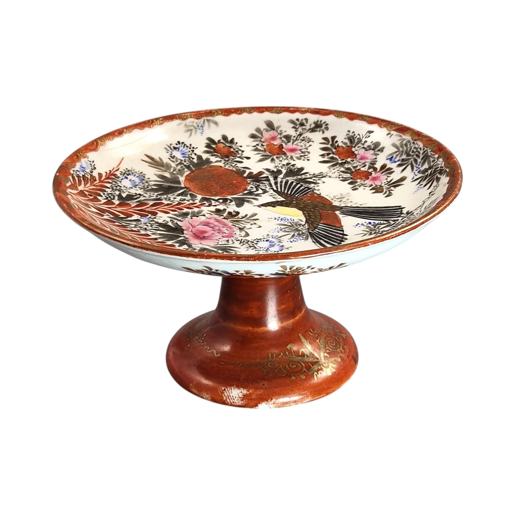Rare Japanese Kutani teapot and vase stand, bamboo handle, Meiji c.1890