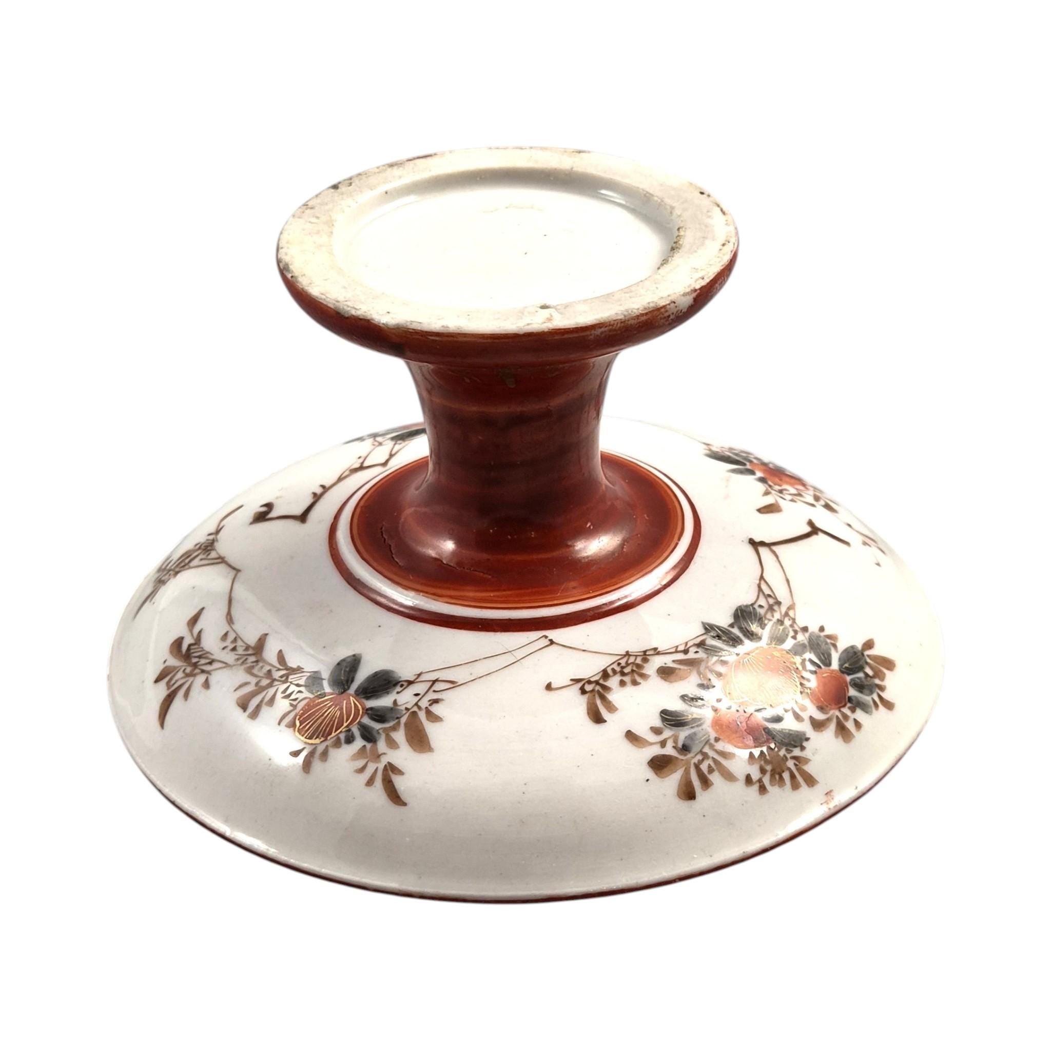 Rare Japanese Kutani teapot and vase stand, bamboo handle, Meiji c.1890