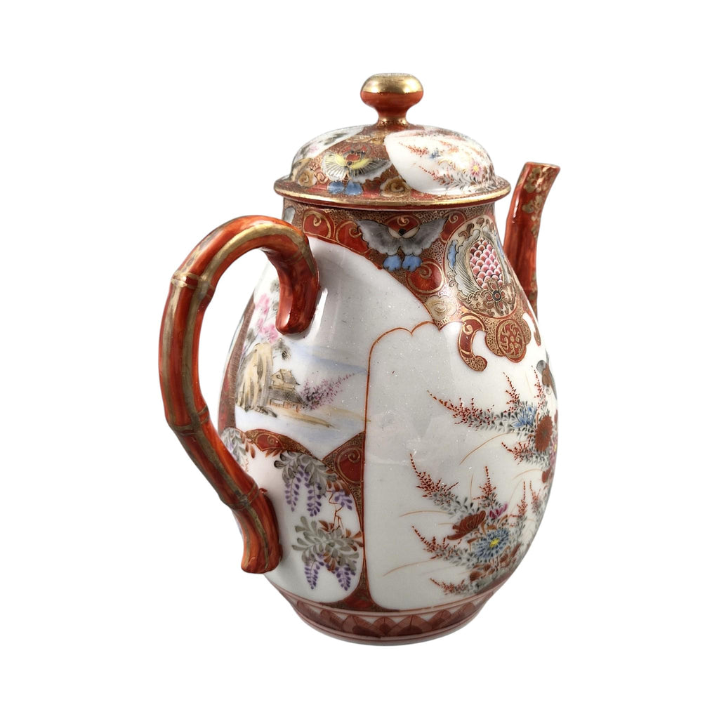 Rare Japanese Kutani teapot and vase stand, bamboo handle, Meiji c.1890