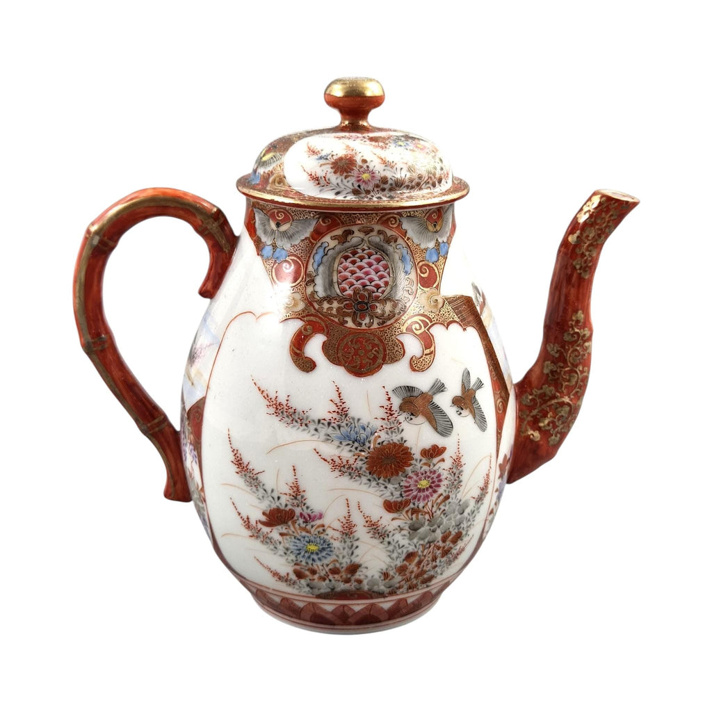 Rare Japanese Kutani teapot and vase stand, bamboo handle, Meiji c.1890