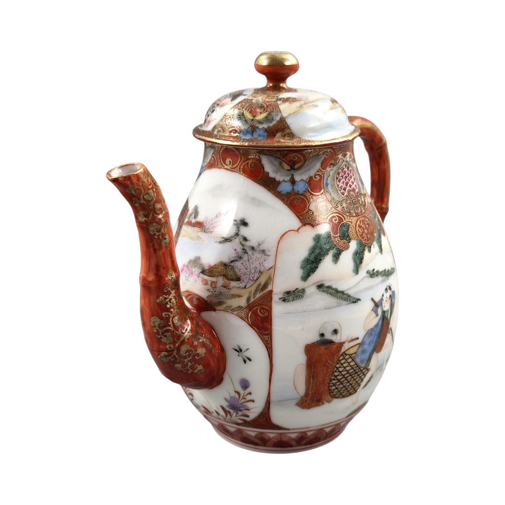 Rare Japanese Kutani teapot and vase stand, bamboo handle, Meiji c.1890