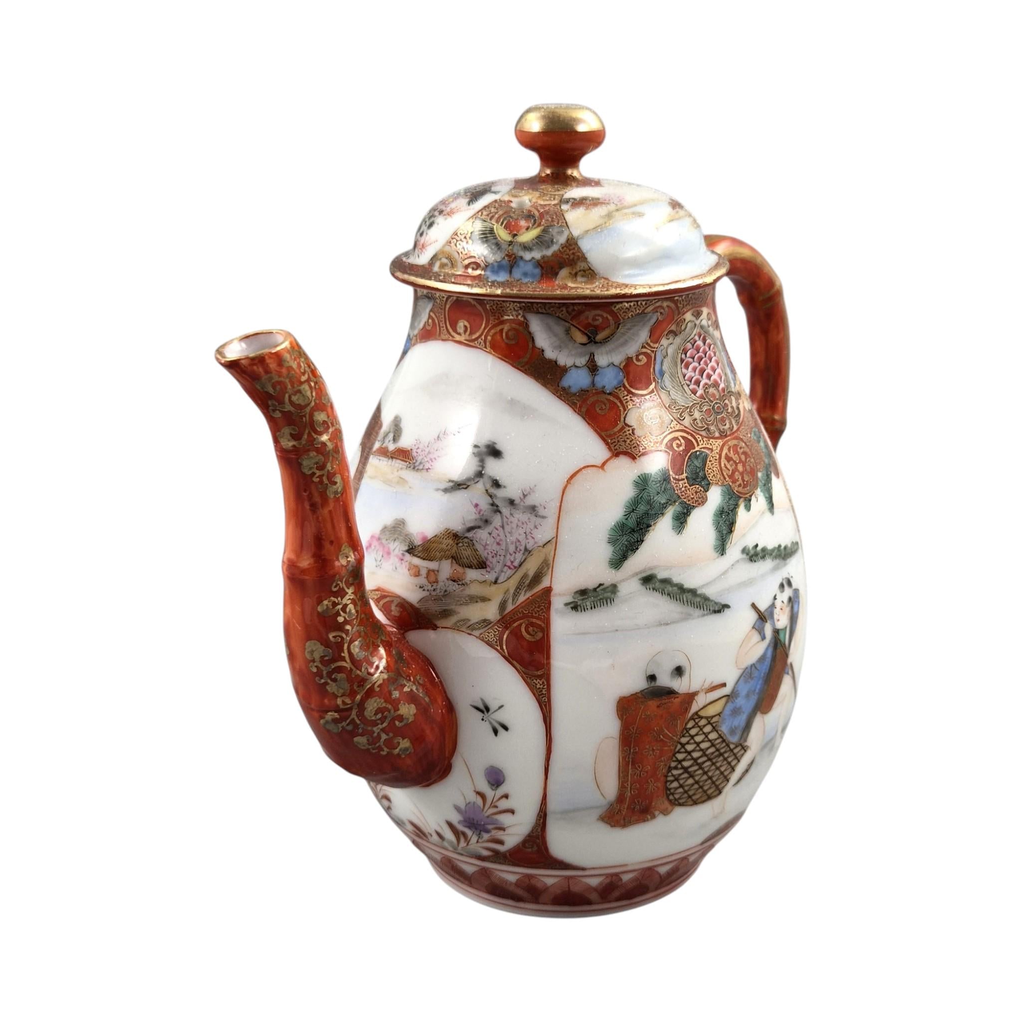 Rare Japanese Kutani teapot and vase stand, bamboo handle, Meiji c.1890