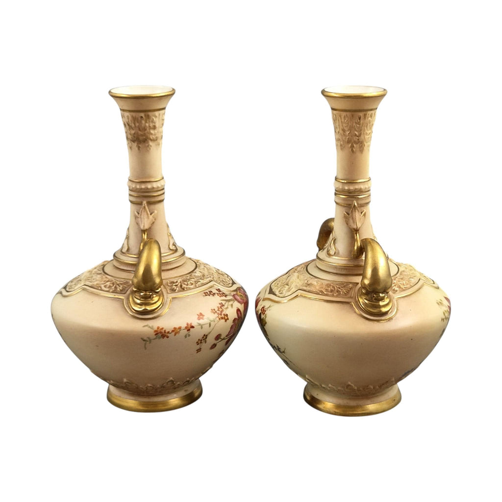 Royal Worcester dolphin handled blush ivory vase pair, Persian Range, 1902–1903