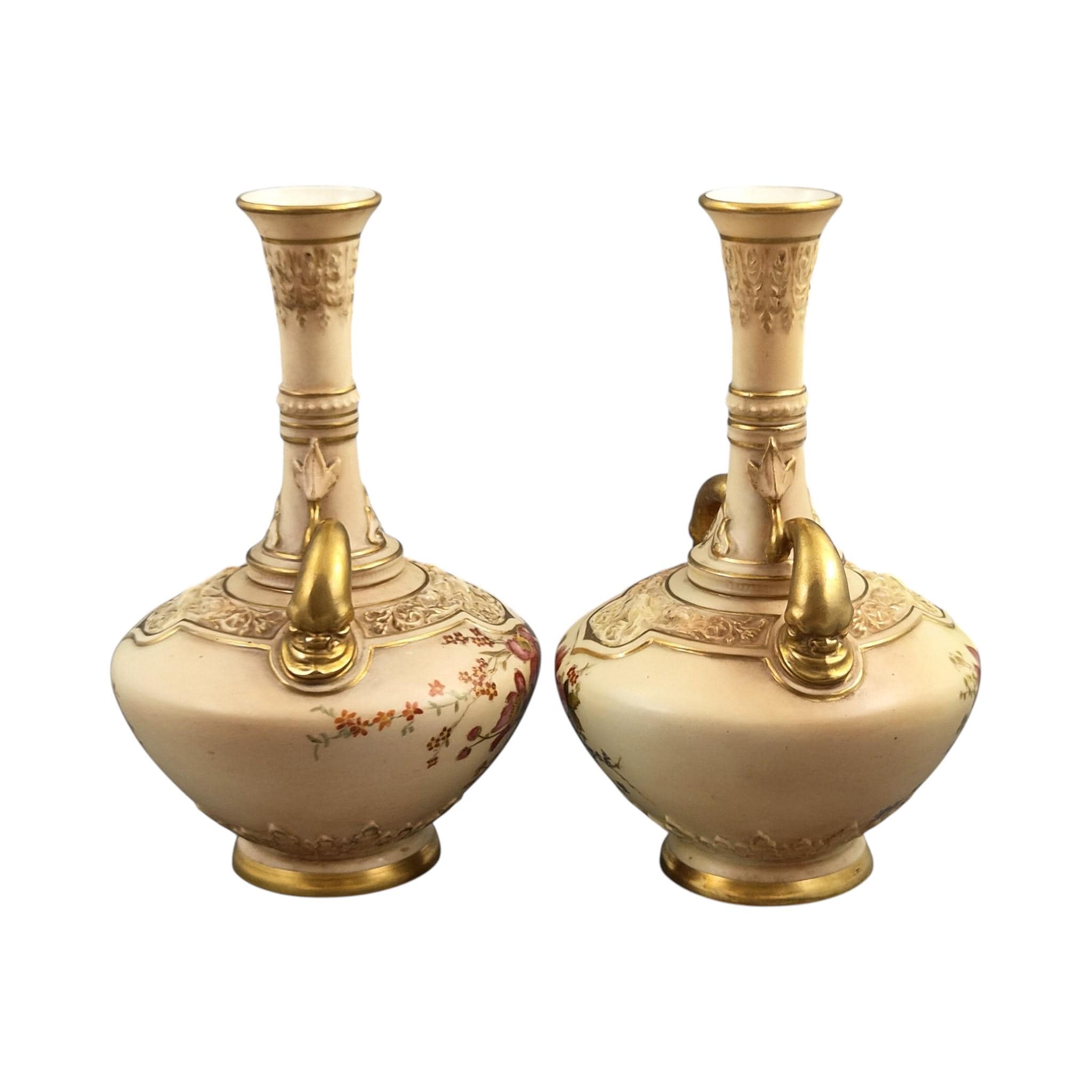 Royal Worcester dolphin handled blush ivory vase pair, Persian Range, 1902–1903