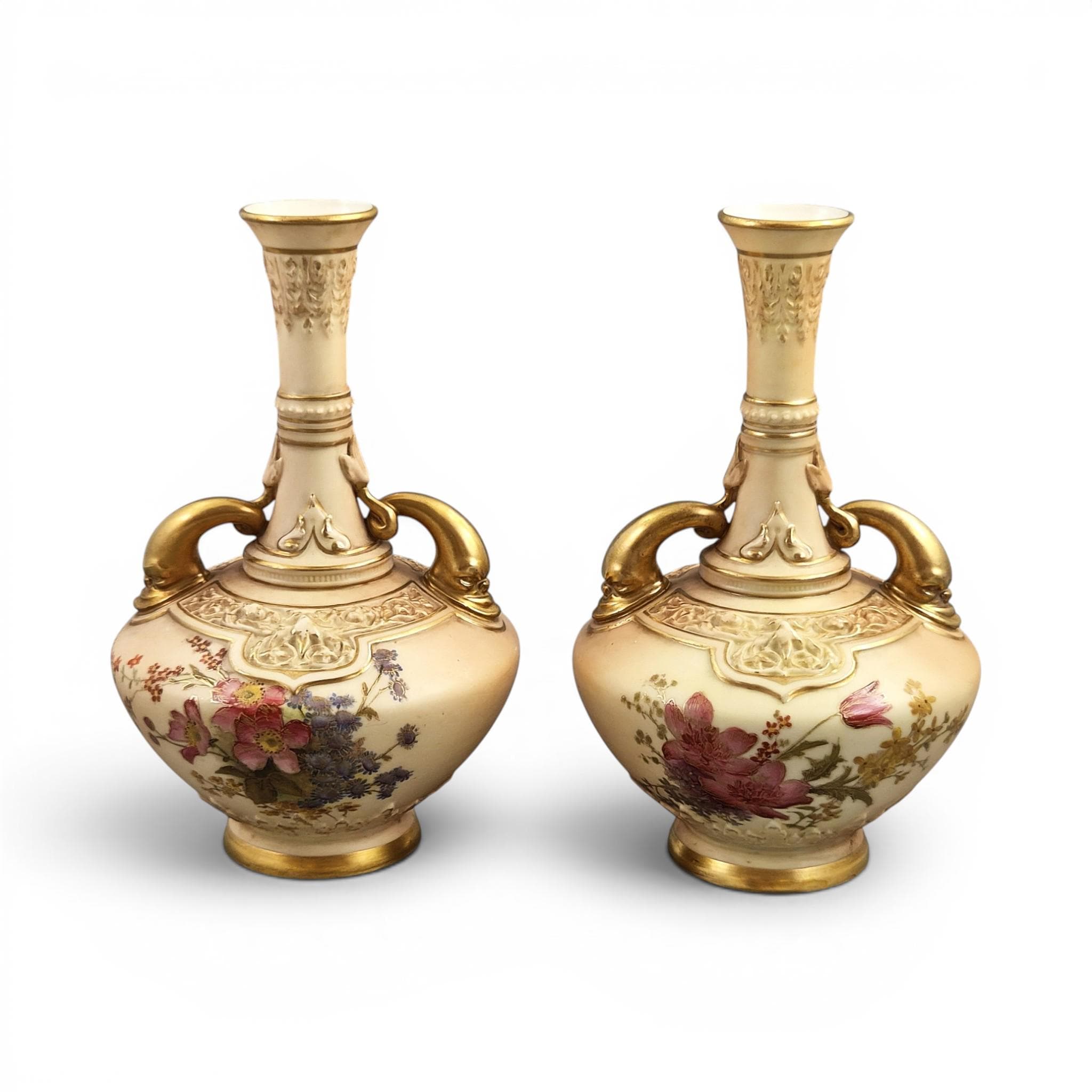 Royal Worcester dolphin handled blush ivory vase pair, Persian Range, 1902–1903