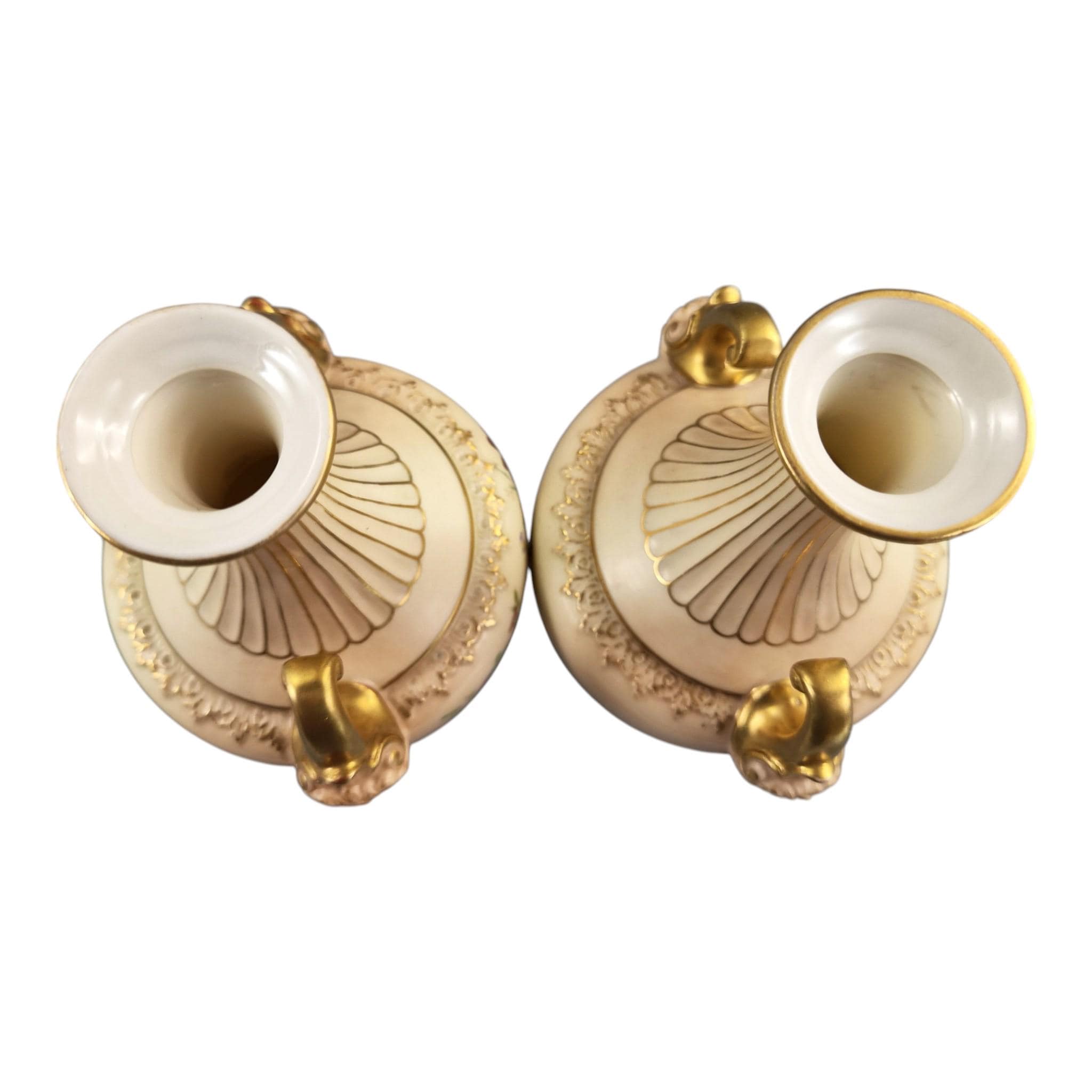 Royal Worcester blush ivory floral vase pair with faun mask handles, 1900